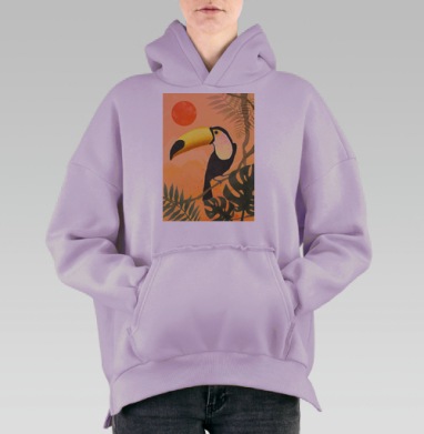 Тукан на ветке в тропическом пейзаже, Hoodie Oversize Fiolet, утепленная