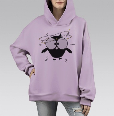 Удивленная сова со звездами вокруг головы с забавными деталями, Hoodie Mono Fiolet, оверсайз, утепленная