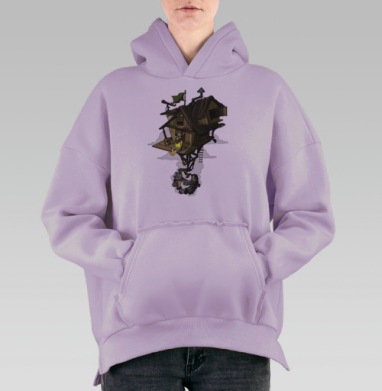 Летающий деревянный домик с музыкантом и гитарой, Hoodie Oversize Fiolet, утепленная