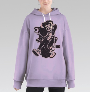 Скелет в шляпе с космическим дымом и месяцем, Hoodie Long Oversize Fiolet