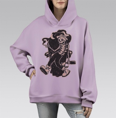 Скелет в шляпе с космическим дымом и месяцем, Hoodie Mono Fiolet, оверсайз, утепленная
