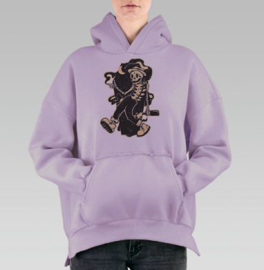 Скелет в шляпе с космическим дымом и месяцем, Hoodie Oversize Fiolet, утепленная