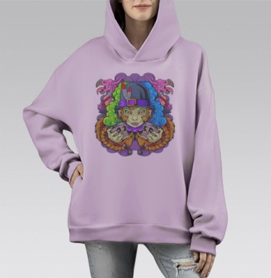 Яркая ведьма с магическими черепами в дыму, Hoodie Mono Fiolet, оверсайз, утепленная