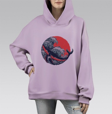 Гигантский кит в море коралловых волн, Hoodie Mono Fiolet, оверсайз, утепленная
