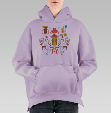 Веселая Медитация Обезьяны с Карикатурными Персонажами вокруг, Hoodie Oversize Fiolet, утепленная