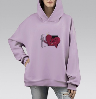 Весёлое красное сердце с улыбкой и подмигиванием между, Hoodie Mono Fiolet, оверсайз, утепленная