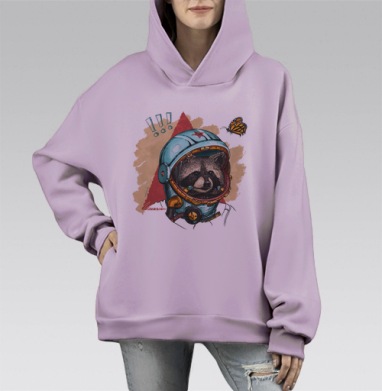 Енот-космонавт с бабочкой: милый контраст в иллюстрации, Hoodie Mono Fiolet, оверсайз, утепленная