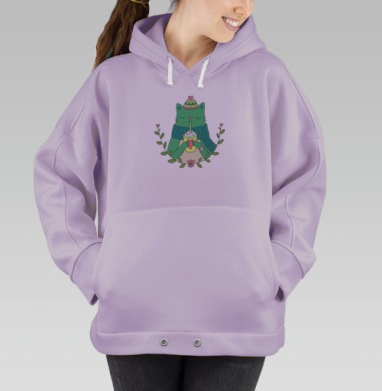 Уютная Зеленая Кошка с Чашкой Теплого Напитка, Hoodie Oversize Fiolet