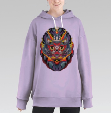 Психоделическая голова кота в огненном стиле, Hoodie Long Oversize Fiolet