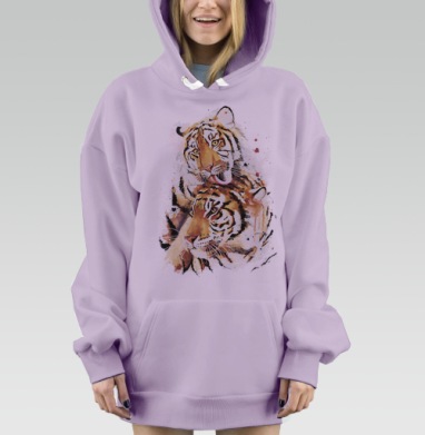 Нежная пара тигров в акварели, Hoodie Mjhigh Dig Mel, Fiolet, утепленная