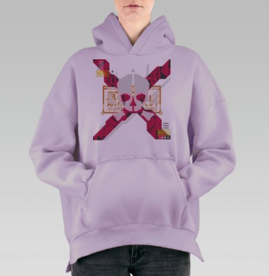 Киберпанк эмблема Череп и Кости с последним смехом, Hoodie Oversize Fiolet, утепленная