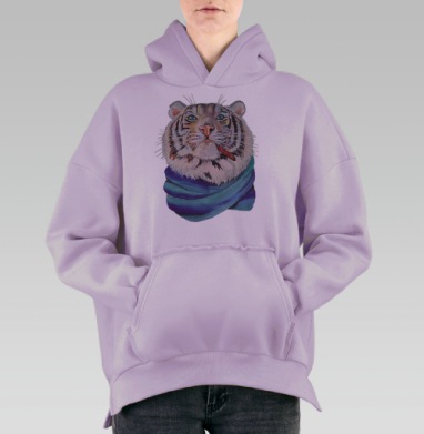 Тигр с сигарой и сине-зеленым шарфом, Hoodie Oversize Fiolet, утепленная