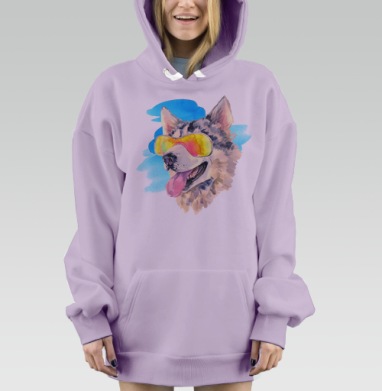 Веселый акварельный портрет собаки в очках, Hoodie Mjhigh Dig Mel, Fiolet, утепленная