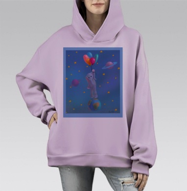 Волшебный слоненок с воздушными шарами в космосе, Hoodie Mono Fiolet, оверсайз, утепленная