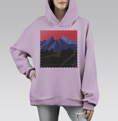 Винтажный горный пейзаж с красным небом, Hoodie Mono Fiolet, оверсайз, утепленная
