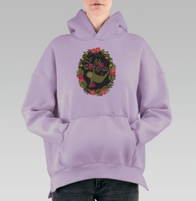 Ленивец в тропическом цветочном венке, Hoodie Oversize Fiolet, утепленная