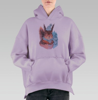 Уютная белка в зимней шапке с горячим напитком, Hoodie Oversize Fiolet, утепленная