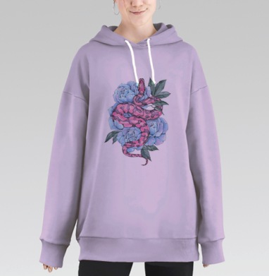 Мистическая розово-голубая змея с пионами, Hoodie Long Oversize Fiolet