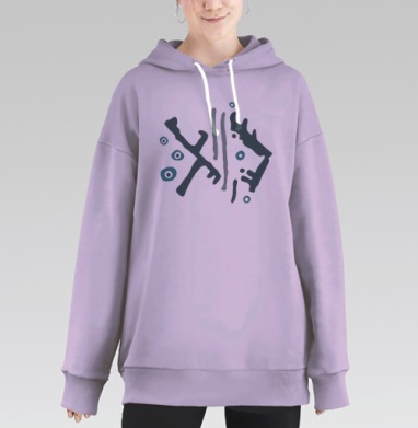 Абстрактная морская композиция в синем и сером в спокойных тонах, Hoodie Long Oversize Fiolet