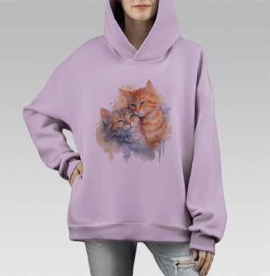 Акварельные котики теплый уют для дома, Hoodie Mono Fiolet, оверсайз, утепленная