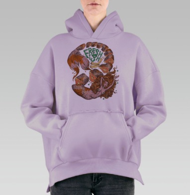 Аллегория свежей рыбы с мертвой русалкой в гравюре, Hoodie Oversize Fiolet, утепленная