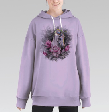 Белая лошадь с пурпурной магнолией для свободных духом, Hoodie Long Oversize Fiolet