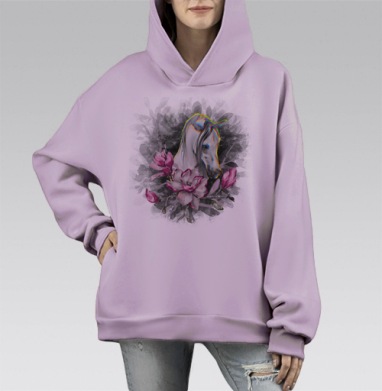 Белая лошадь с пурпурной магнолией для свободных духом, Hoodie Mono Fiolet, оверсайз, утепленная