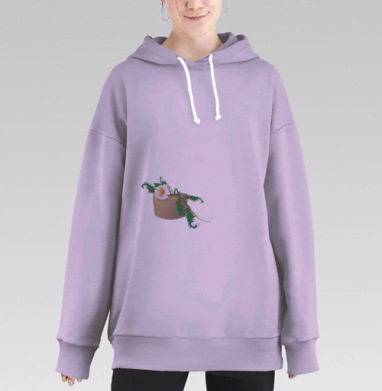 Белый цветок зелёные листья коричневый мешочек, Hoodie Long Oversize Fiolet
