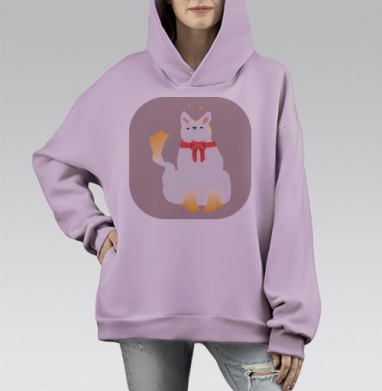 Белый кот с бантиком нежной пастельной гаммы котики смешном ободке, Hoodie Mono Fiolet, оверсайз, утепленная
