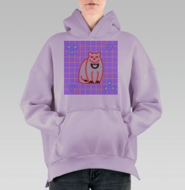 Белый кот с красной обводкой на сиреневом фоне с цветами и сердцами, Hoodie Oversize Fiolet, утепленная
