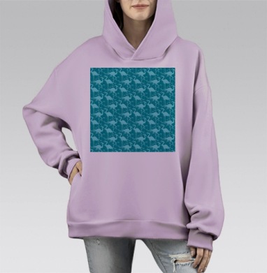 Бирюзовые цапли и тростник узор бирюзовые цапли и тростник, Hoodie Mono Fiolet, оверсайз, утепленная