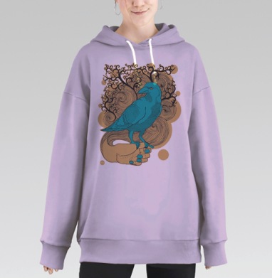 Бирюзовый ворон на руке на черном фоне, Hoodie Long Oversize Fiolet