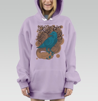 Бирюзовый ворон на руке на черном фоне, Hoodie Mjhigh Dig Mel, Fiolet, утепленная