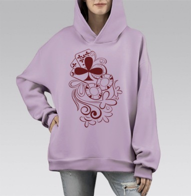 Элегантный бордовый орнамент с картами и фишками, Hoodie Mono Fiolet, оверсайз, утепленная