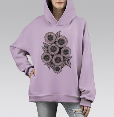Букет подсолнухов в монохромной технике с листьями, Hoodie Mono Fiolet, оверсайз, утепленная