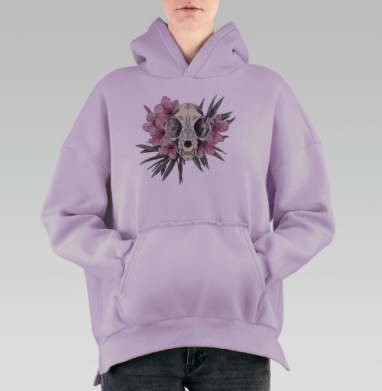 Череп Кошки Розовые Цветы Животные, Hoodie Oversize Fiolet, утепленная