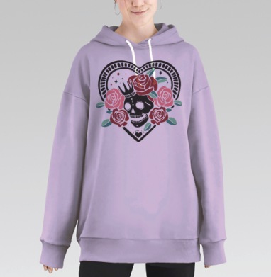 Череп с короной и красными розами на сердце, Hoodie Long Oversize Fiolet