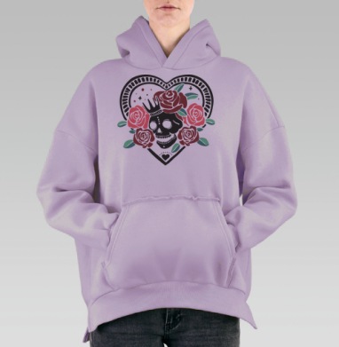Череп с короной и красными розами на сердце, Hoodie Oversize Fiolet, утепленная