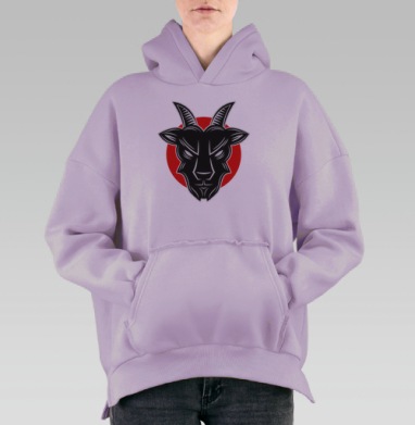 Черная голова козла на красном фоне на сером фоне, Hoodie Oversize Fiolet, утепленная