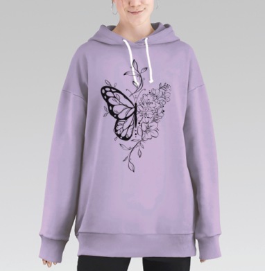 Черно белая бабочка с цветами гармония природы, Hoodie Long Oversize Fiolet
