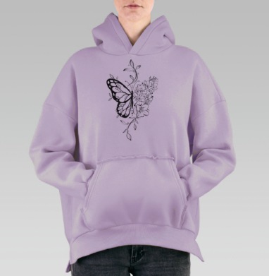 Черно белая бабочка с цветами гармония природы, Hoodie Oversize Fiolet, утепленная