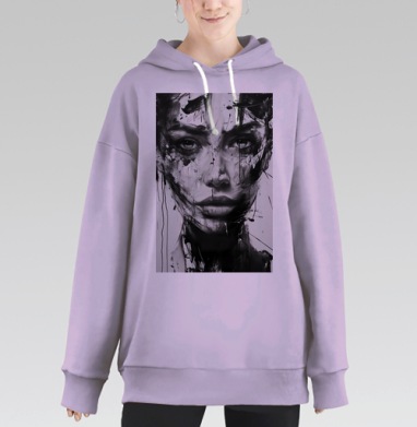 Черно белое лицо женщины в урбанистическом выражении, Hoodie Long Oversize Fiolet