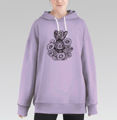Черно белый кролик с цветами вокруг головы нежность природы, Hoodie Long Oversize Fiolet