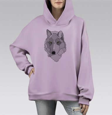 Черно Белый Волк с Зеленым Взглядом в Стиле Зенарт, Hoodie Mono Fiolet, оверсайз, утепленная