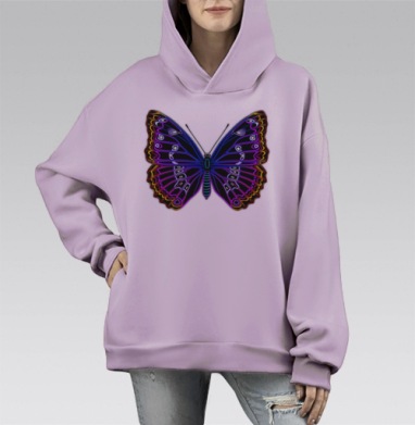 Черно фиолетовая тропическая бабочка яркая красочная, Hoodie Mono Fiolet, оверсайз, утепленная