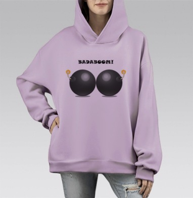 Черные боевые бомбы с надписью BADABOOM на белом фоне, Hoodie Mono Fiolet, оверсайз, утепленная