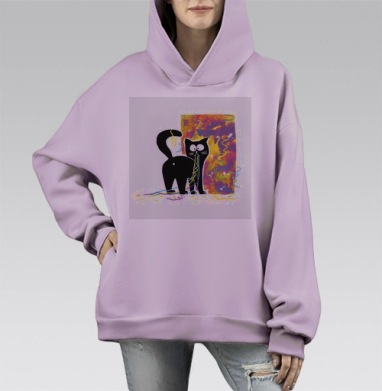 Черный кот с новогодними ленточками Новый год к нам, Hoodie Mono Fiolet, оверсайз, утепленная