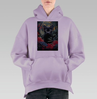 Чёрный кот в зелёных джунглях красных цветов, Hoodie Oversize Fiolet, утепленная