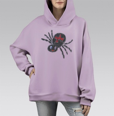 Черный паук с красным крестом улыбается движения радости, Hoodie Mono Fiolet, оверсайз, утепленная