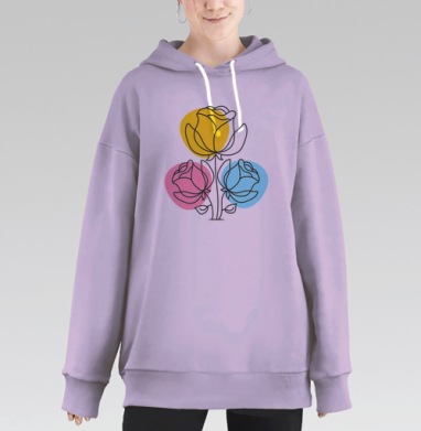 Цветочные линии с пастельными оттенками и яркими пятнами цветов, Hoodie Long Oversize Fiolet